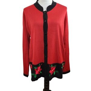 Lea Apparel Womens‎ Cardigan Sweater XL Poinsettia Holiday Christmas Red Top